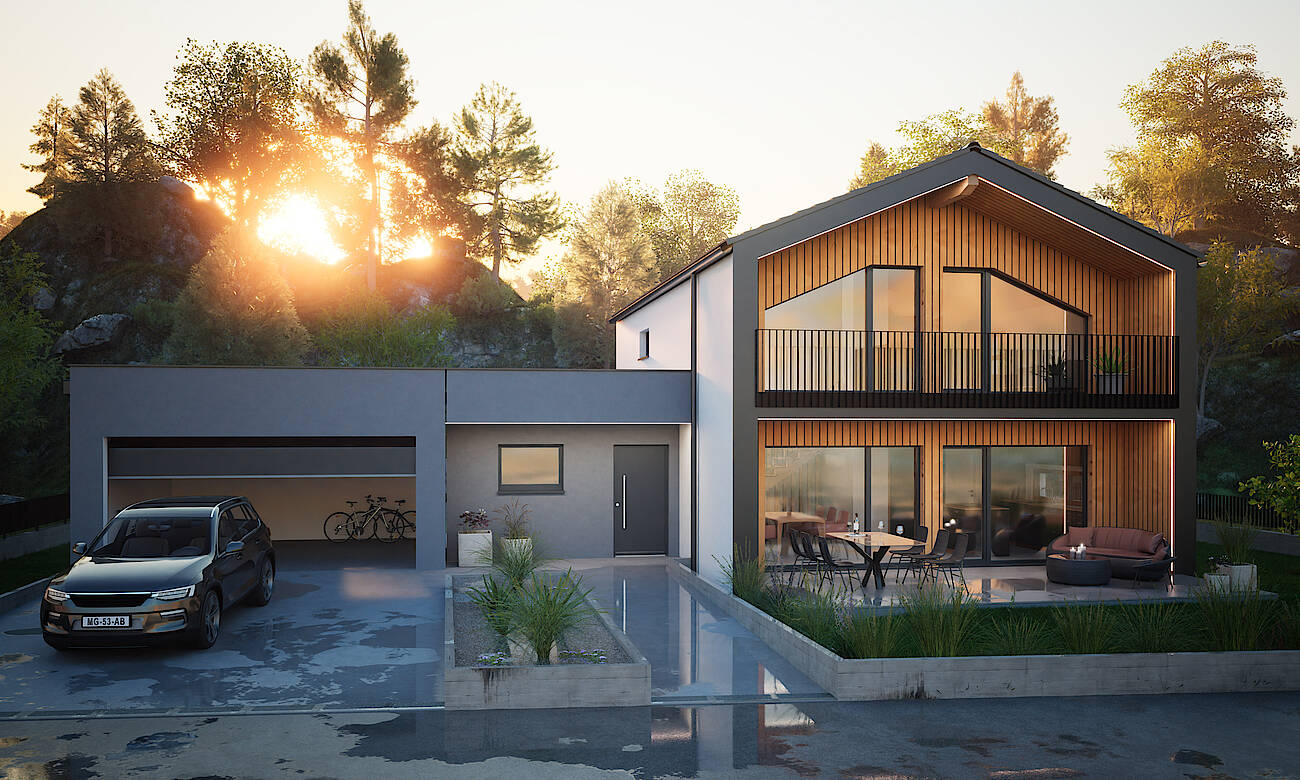 Hartl Haus Ambition 155 S: Frontansicht mit Terrasse, Balkon, Garage und Garten