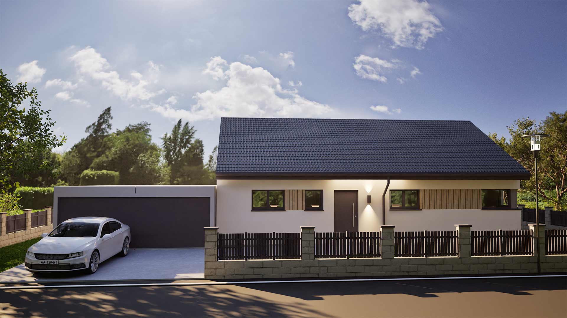 Moderner Fertighaus-Bungalow mit grauem Dach, großer Garage und einem weißen Auto davor, umgeben von einem Zaun und Bäumen im Hintergrund