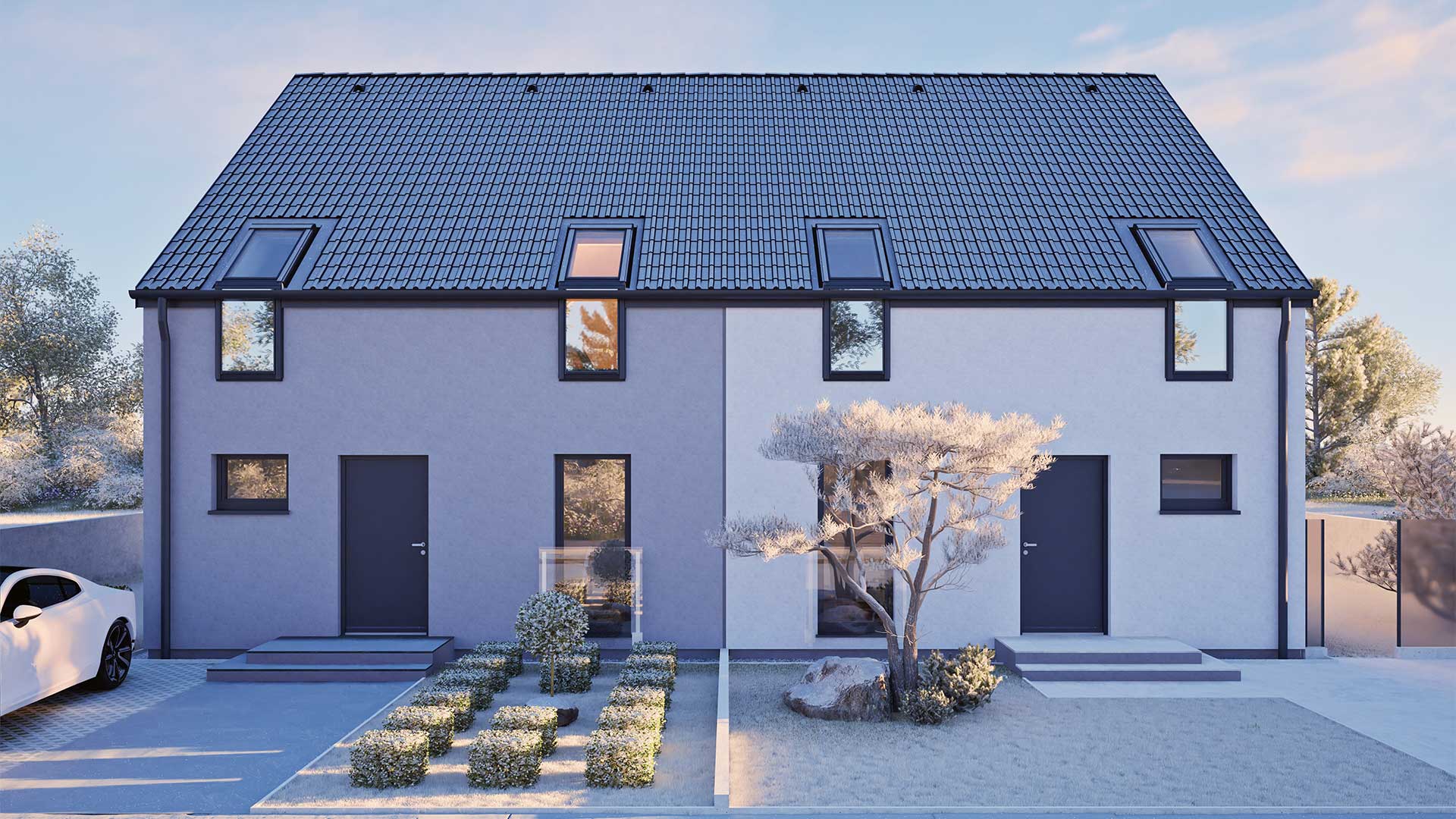 Modernes Doppelhaus mit grauem Satteldach, zwei Eingängen, gepflegten Vorgärten und einem weißen Auto auf der linken Seite.