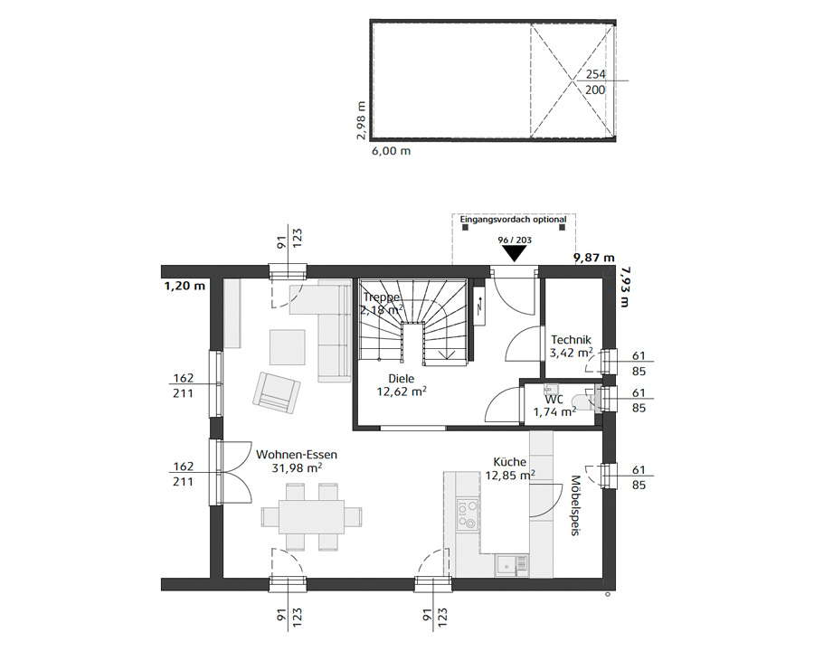 Grundriss des Erdgeschosses des Einfamilienhauses Smart Edition 128 S