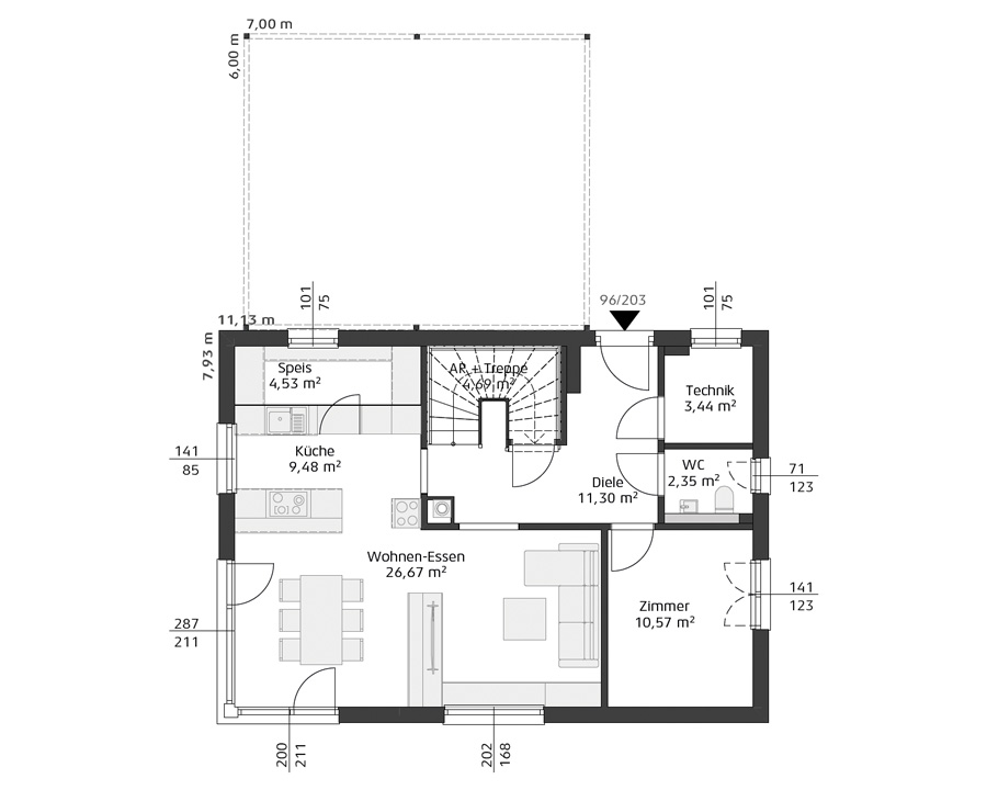 Grundriss des Erdgeschosses des Einfamilienhauses Smart Edition 145 S