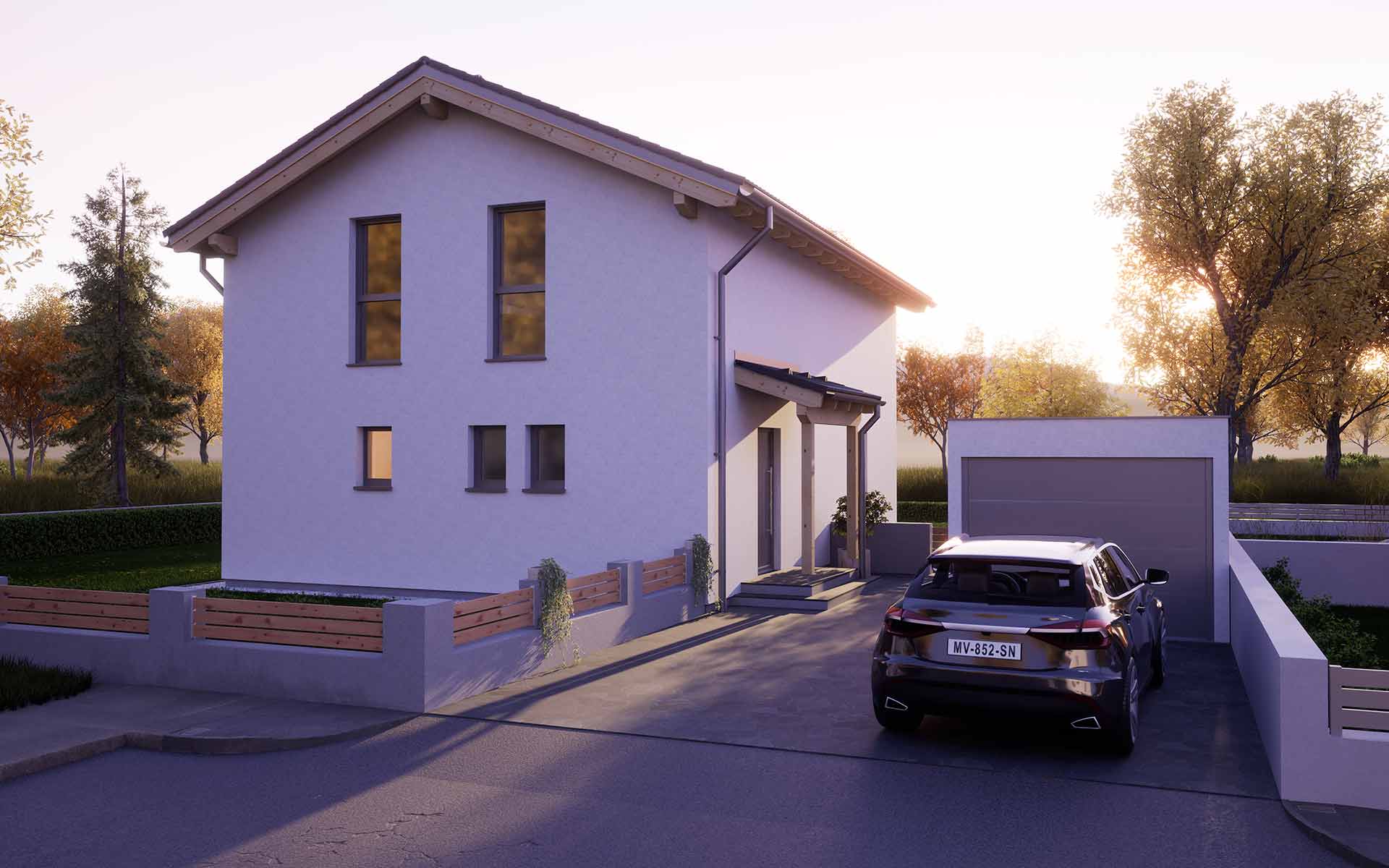 Bild des Fertighaus Einfamilienhauses Smart Edition 128 S, Frontansicht mit Carport